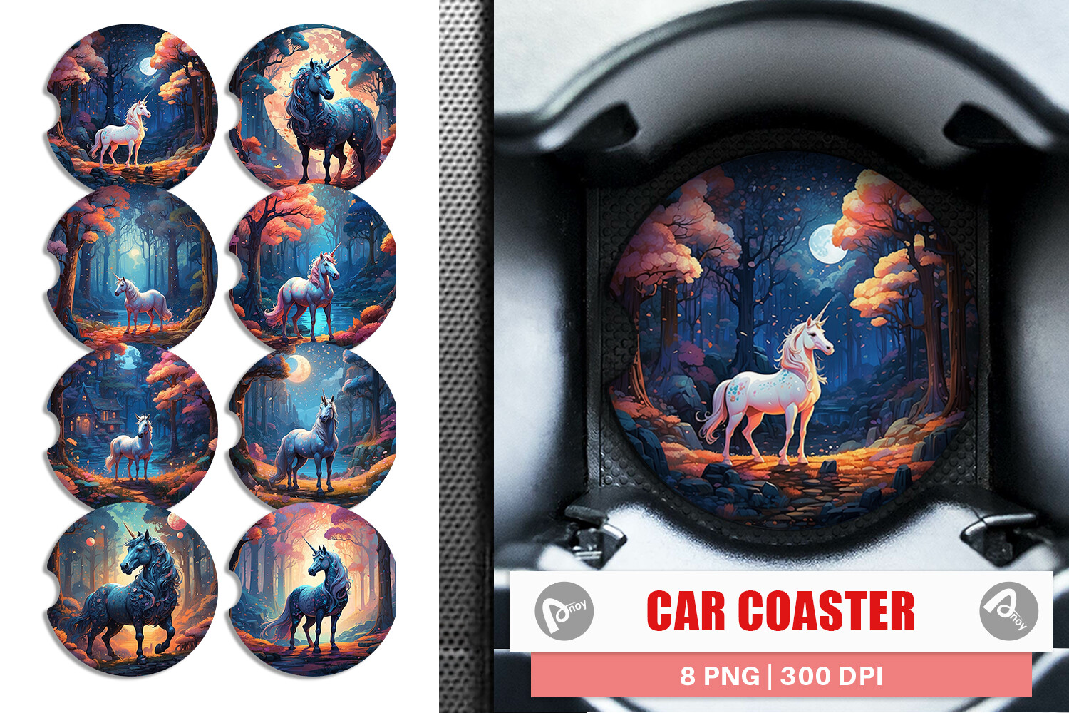 Car Coaster Moonlit Woodland Unicorn Graphic by Artnoy · Creative Fabrica