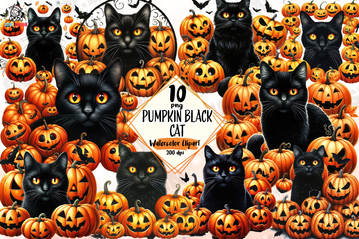 Pumpkin Black Cat Clipart PNG Graphic by COW.design · Creative Fabrica