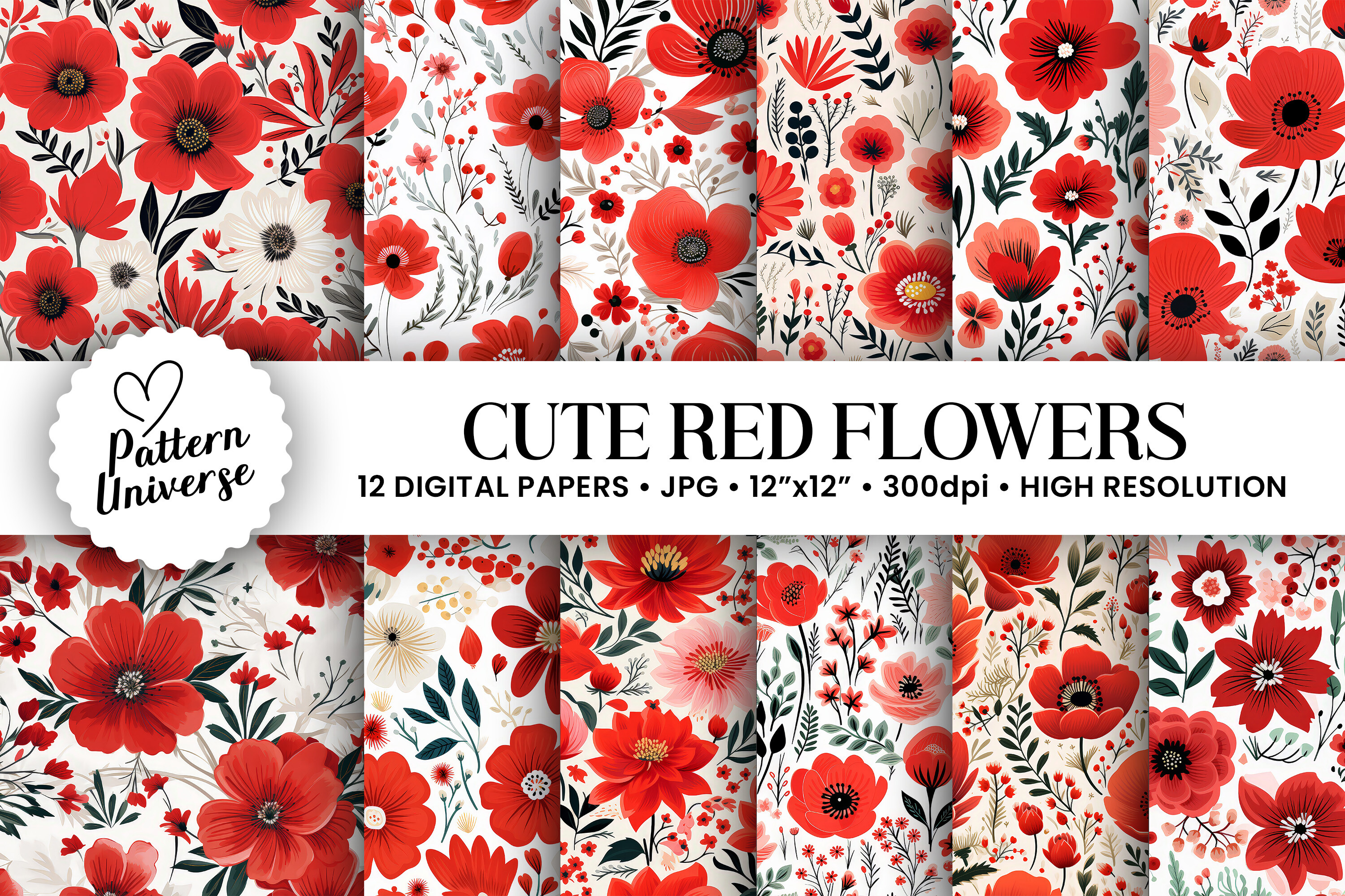 Cute Red Flowers Digital Papers Graphic by Pattern Universe · Creative ...