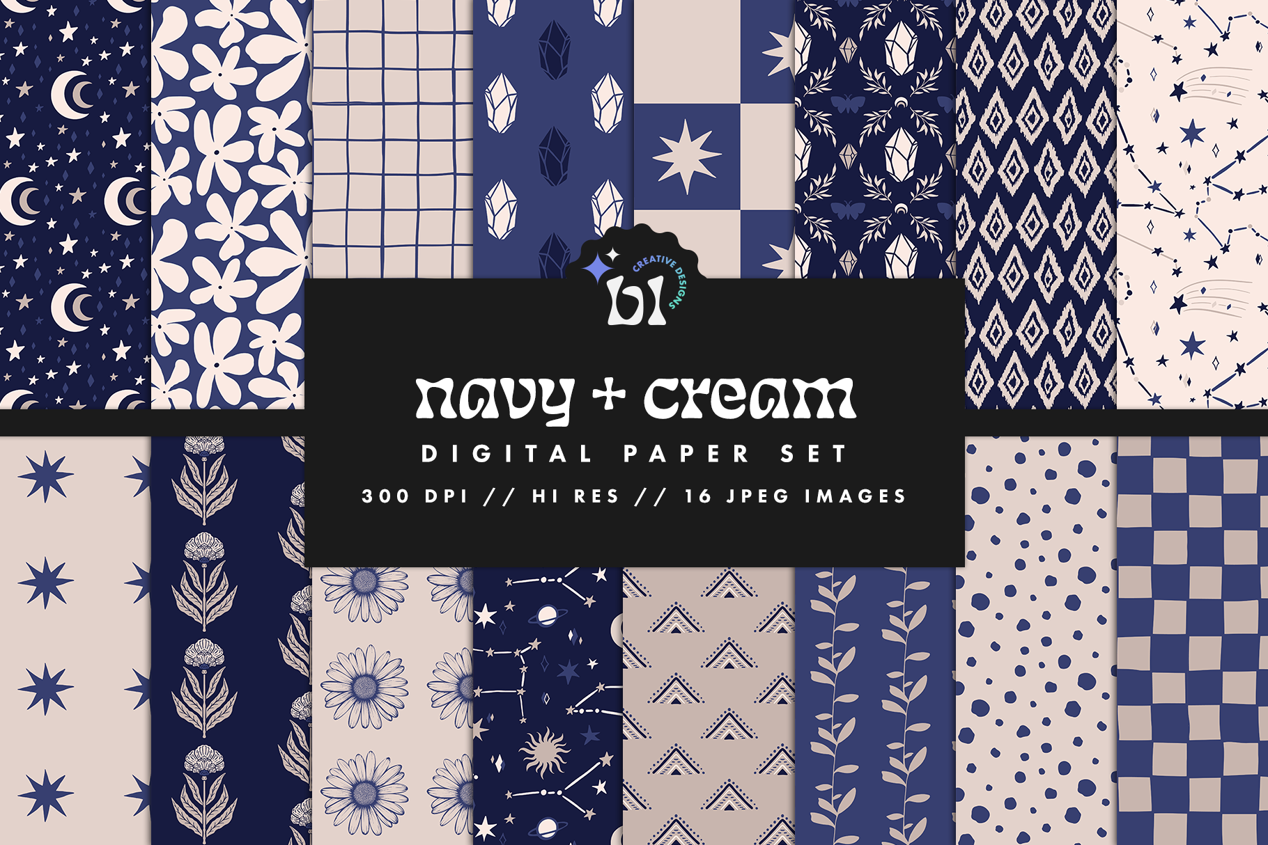 Navy & Cream Digital Paper Set Graphic by BrandiLeaDesigns · Creative ...