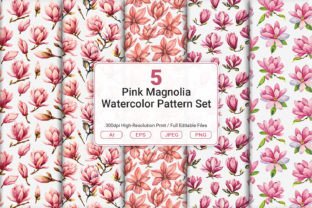 Pink Magnolia Watercolor Pattern Set Graphic by JUNDI · Creative Fabrica