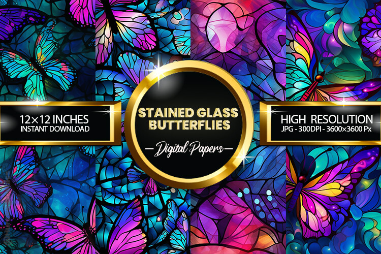 Stained Glass Butterflies Digital Papers Graphic by Hurairagraphics ...