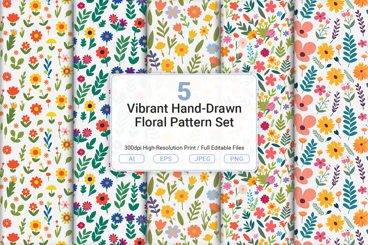 Vibrant Hand-Drawn Floral Pattern Set Graphic by JUNDI · Creative Fabrica