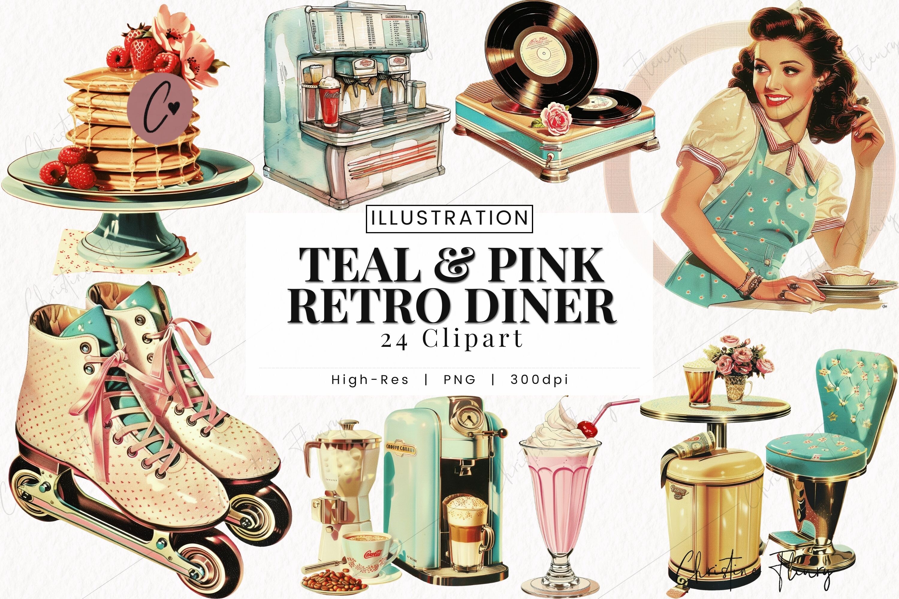 Teal & Pink Retro Diner Clipart