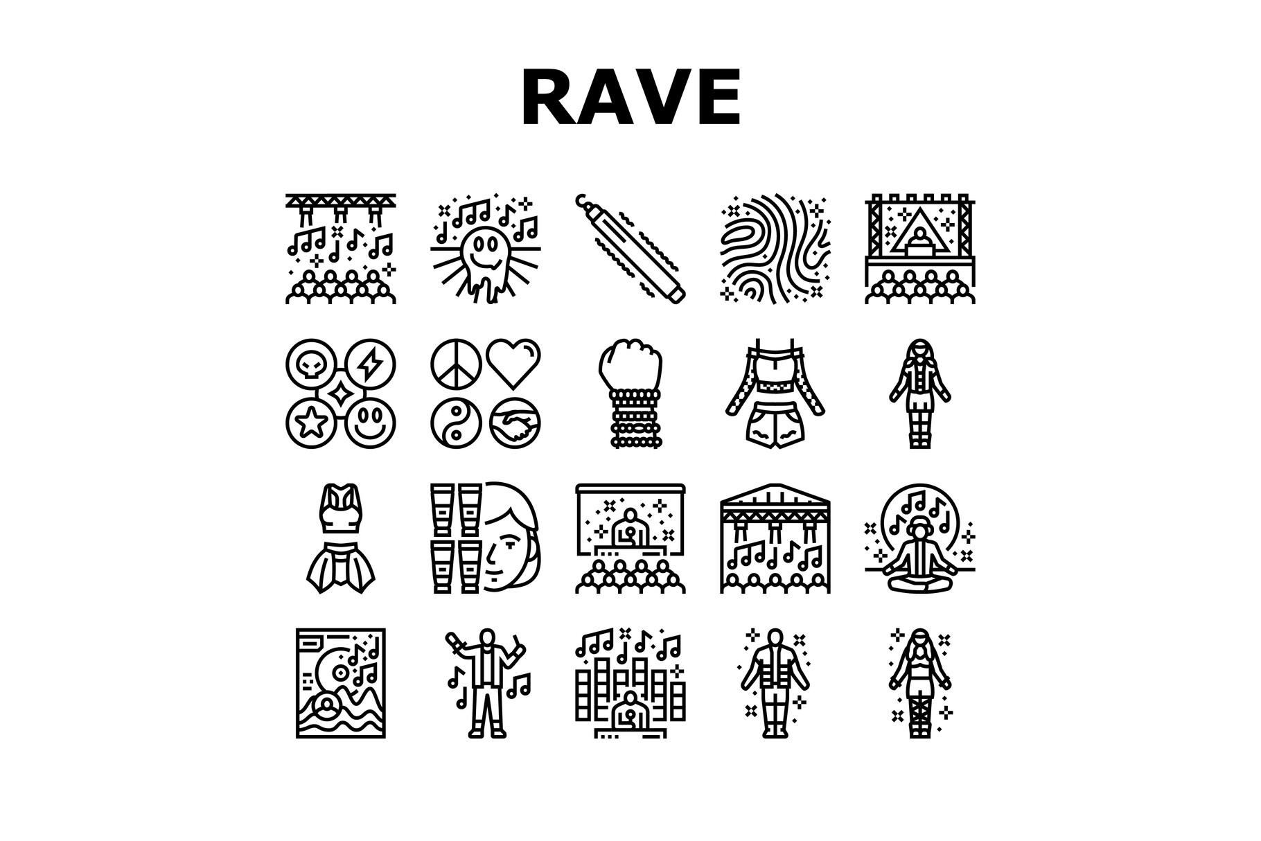 Rave Retro Party Music Icons Set Vector