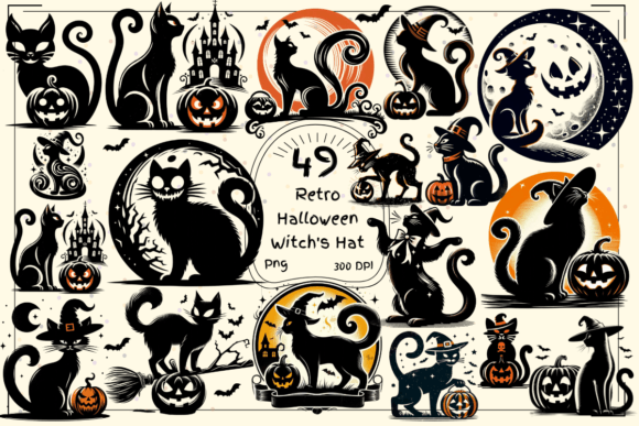 Retro Halloween Cat Silhouette Clipart