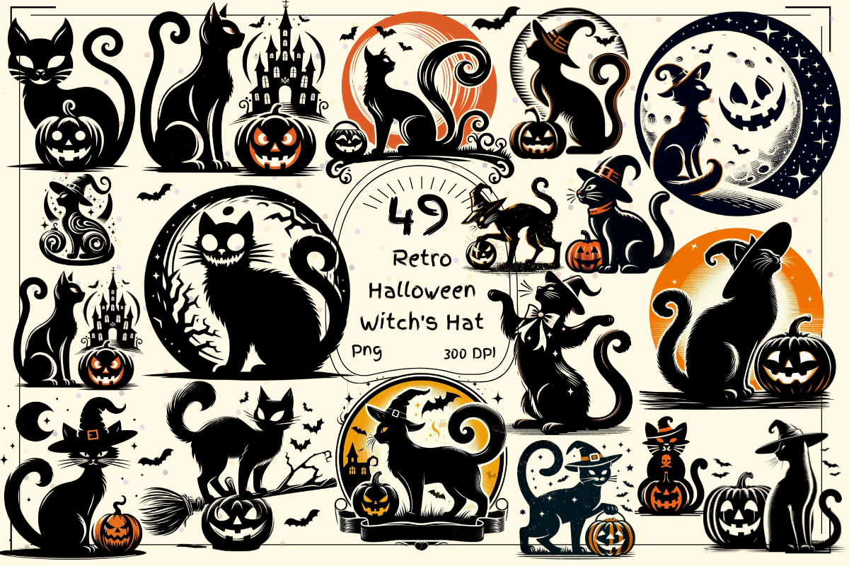 Retro Halloween Cat Silhouette Clipart
