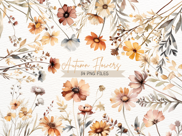 Watercolor Autumn Flowers PNG Clipart