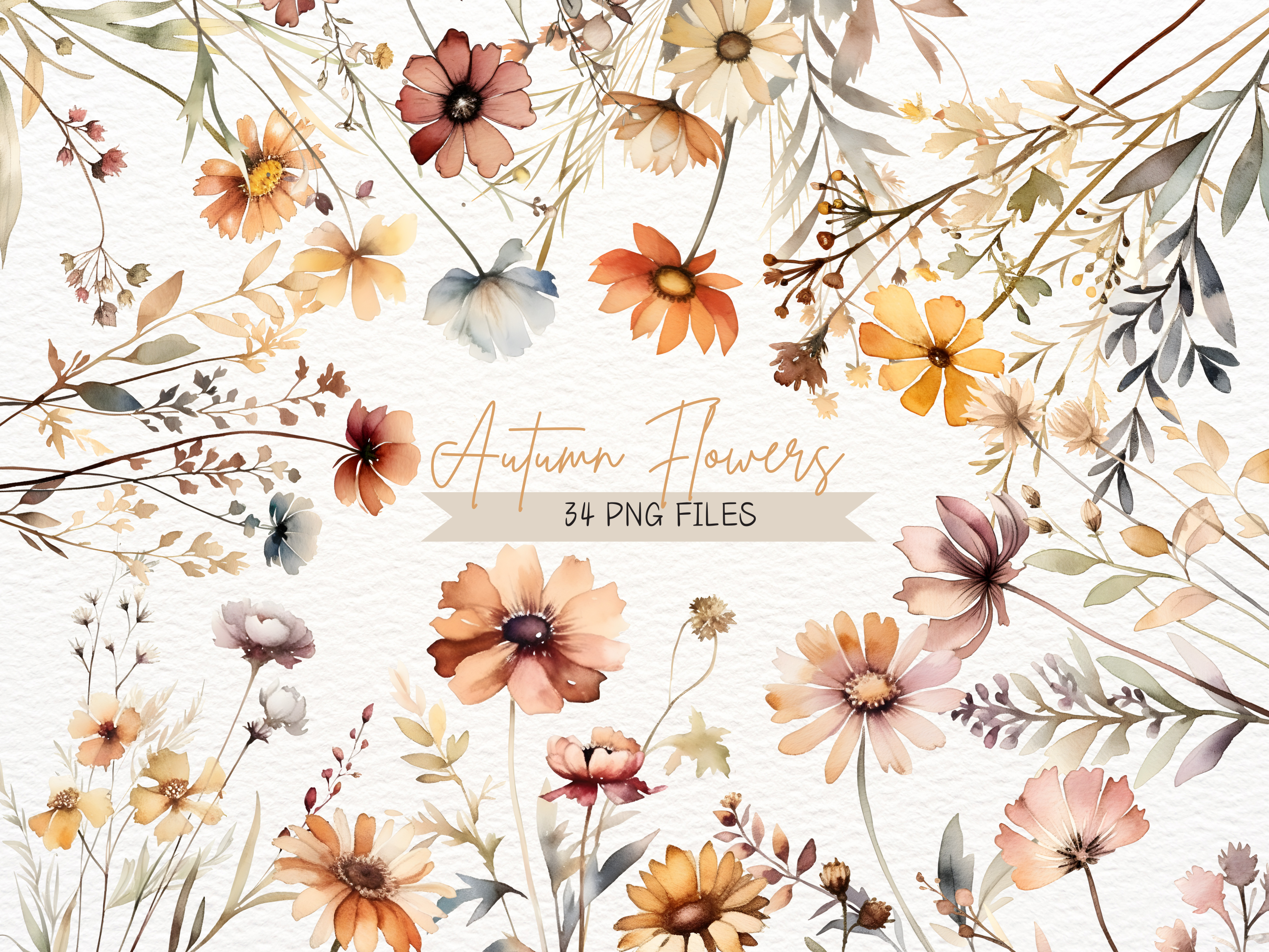 Watercolor Autumn Flowers PNG Clipart