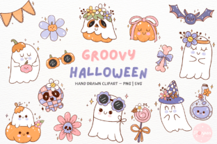 Groovy Halloween Clipart Cute Ghost PNG Graphic by ponponartwork ...