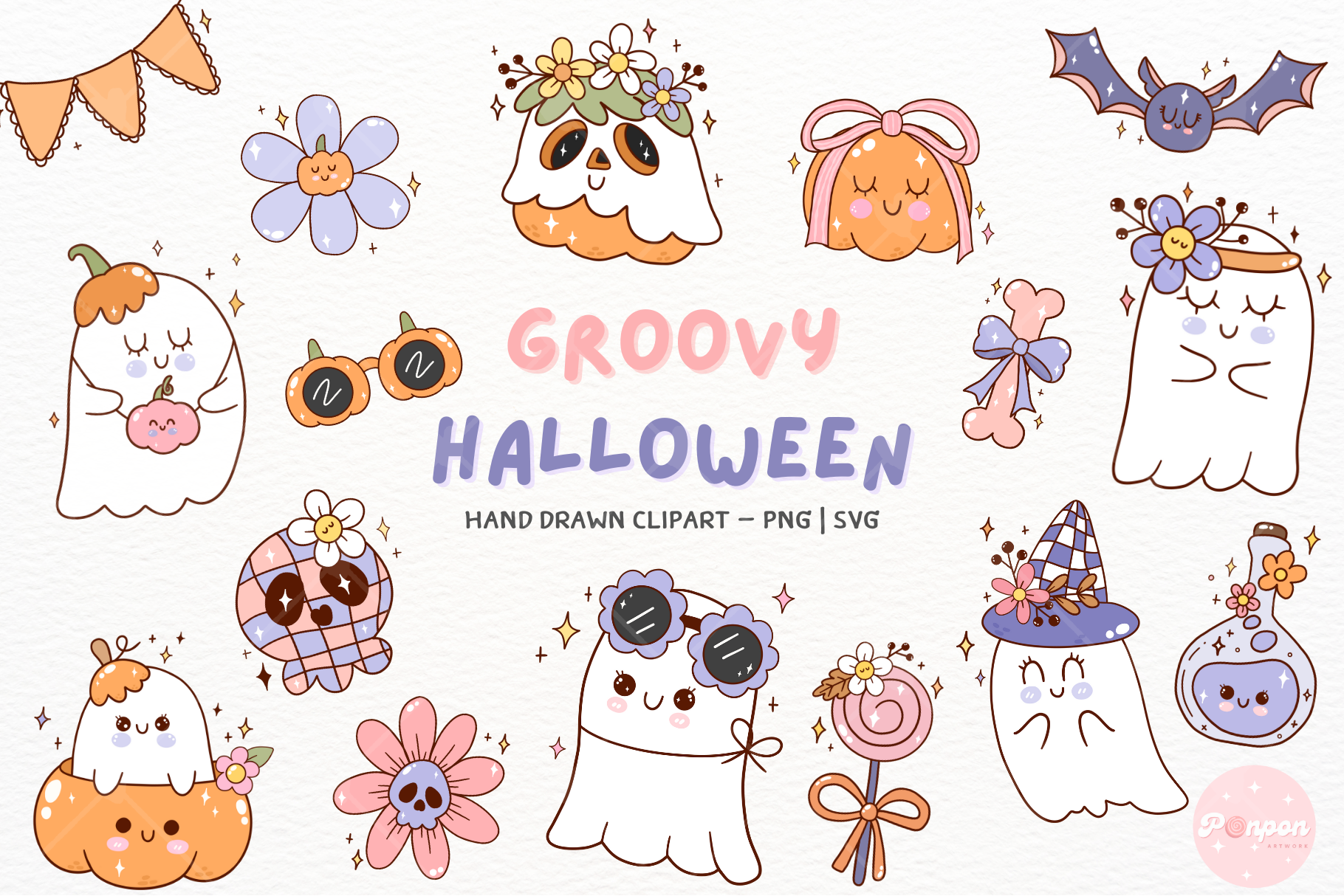 Groovy Halloween Clipart Cute Ghost PNG Graphic by ponponartwork ...