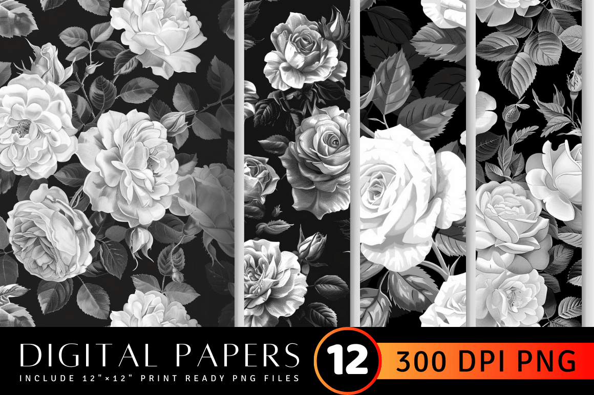 Black & White Roses Digital Paper Graphic by CraftyCakes · Creative Fabrica