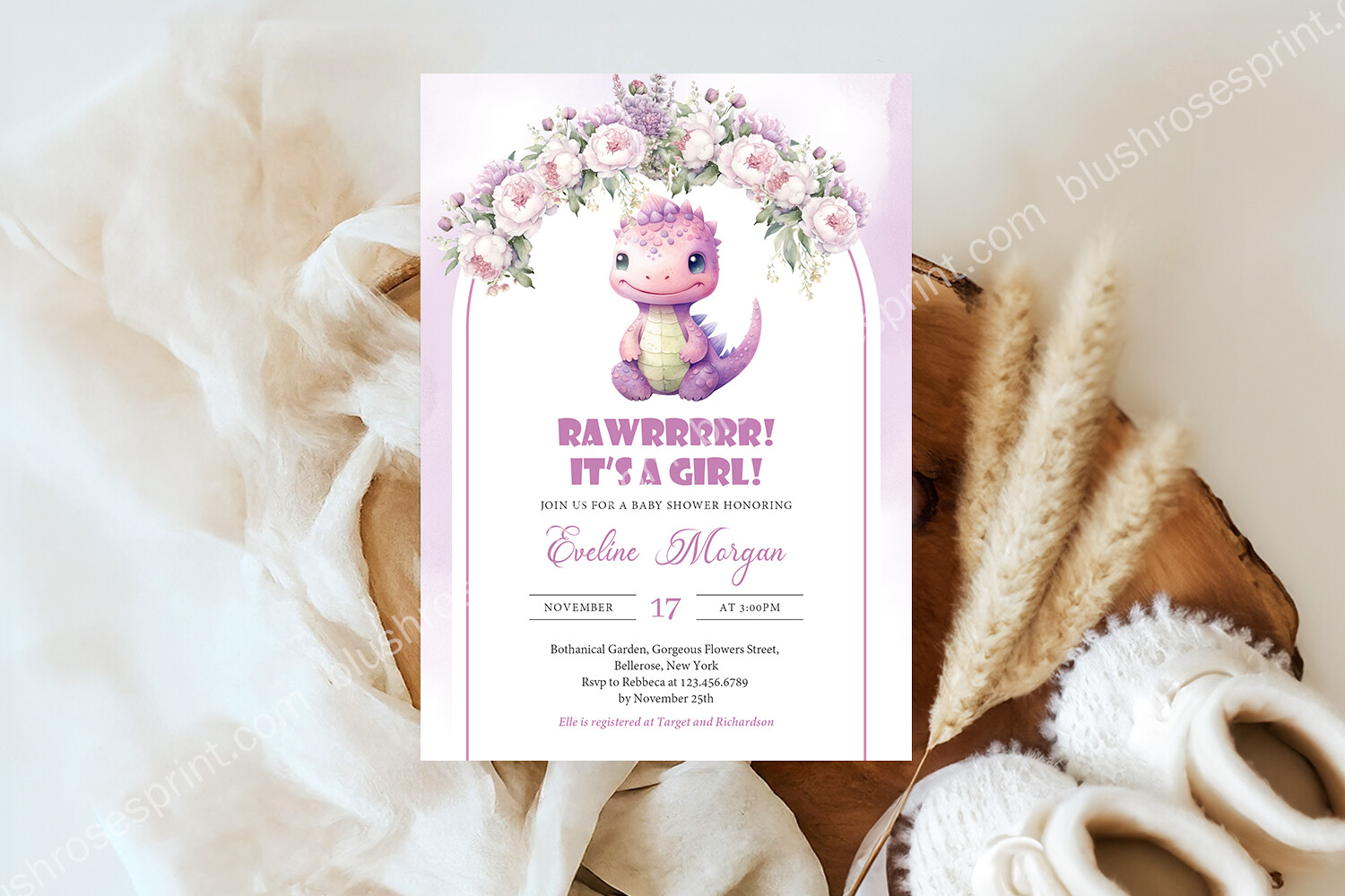 Cute Dinosaur Baby Girl Boho Arch Purple