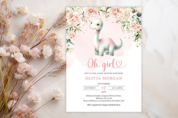 Cute Baby Dinosaur Blush Flowers Girl in