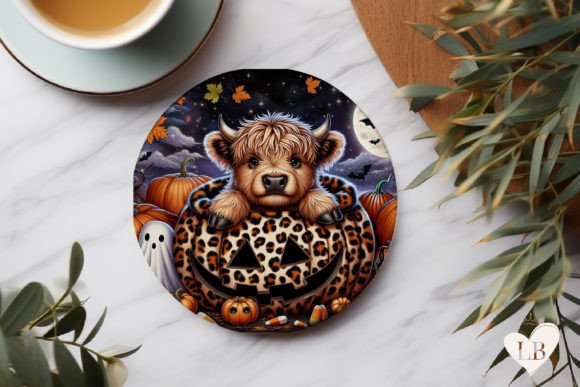 Highland Cow Halloween Round Coaster PNG