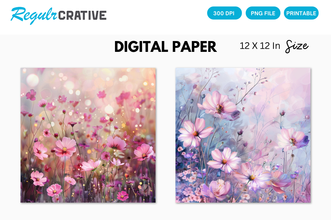Pink Meadow Blooms Floral Digital Paper Graphic by Regulrcrative ...