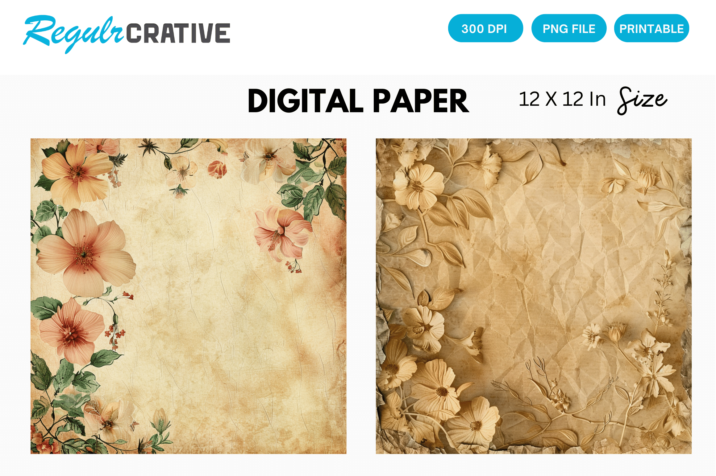 Watercolor Vintage Floral Digital Paper Graphic by Regulrcrative ...
