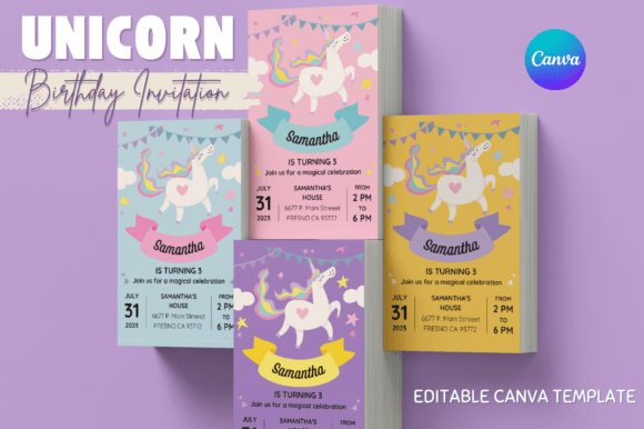 Unicorn Birthday Invitation Canva