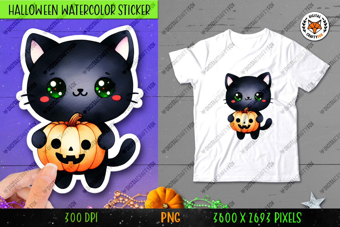 Halloween Black Cat Sticker PNG Graphic by Digital Craftyfox · Creative ...
