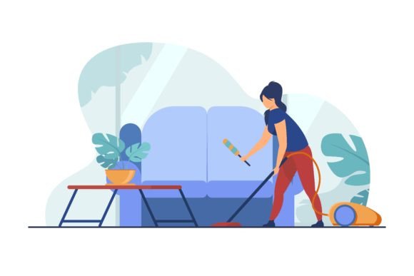 Housewife Cleaning Home with Vacuum Clea Graphic Illustrations By pch.vector