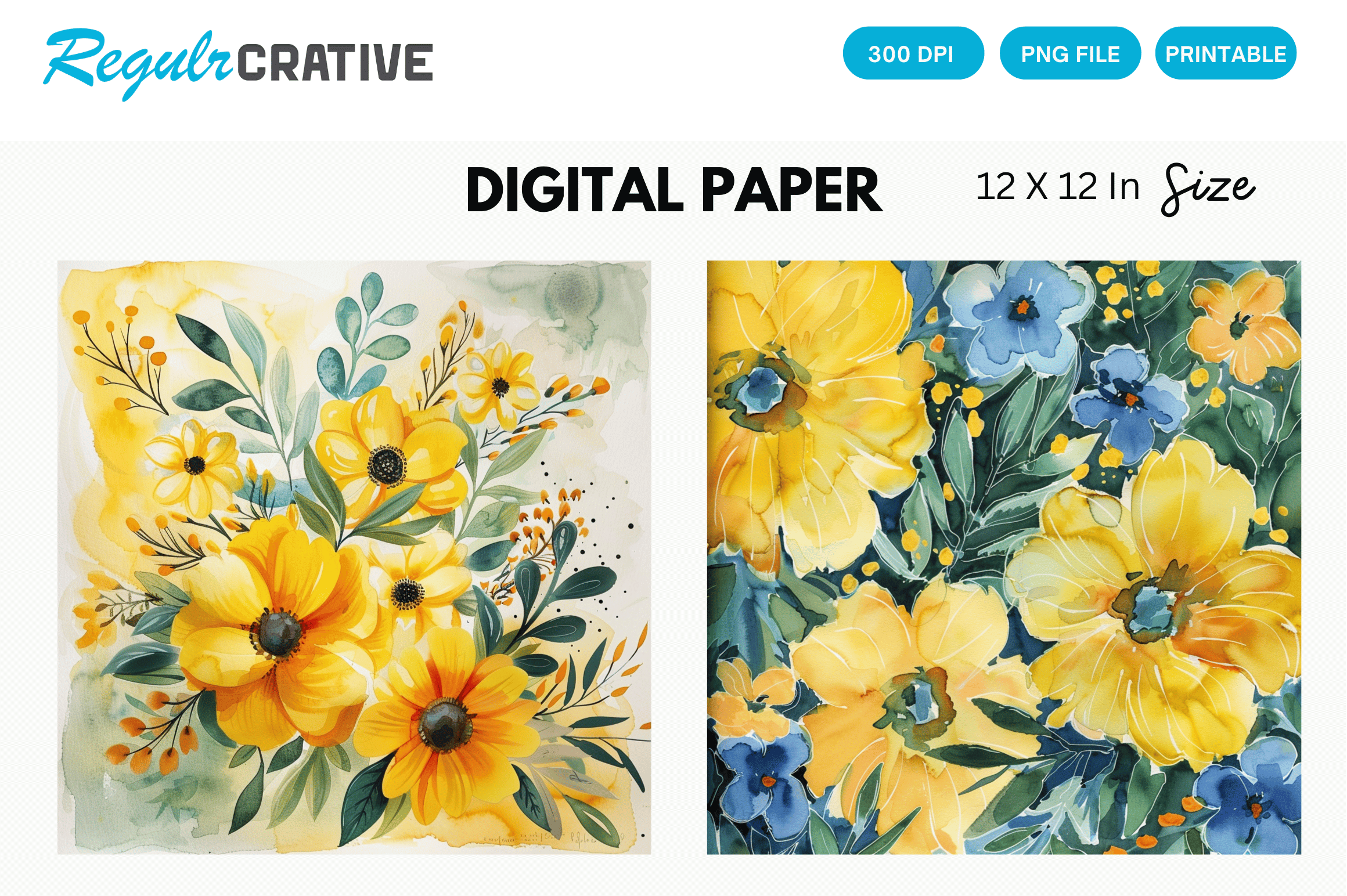 Watercolor Yellow Floral Digital Paper Graphic by Regulrcrative ...