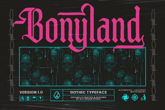 Preview specimen of Bonyland blackletter font