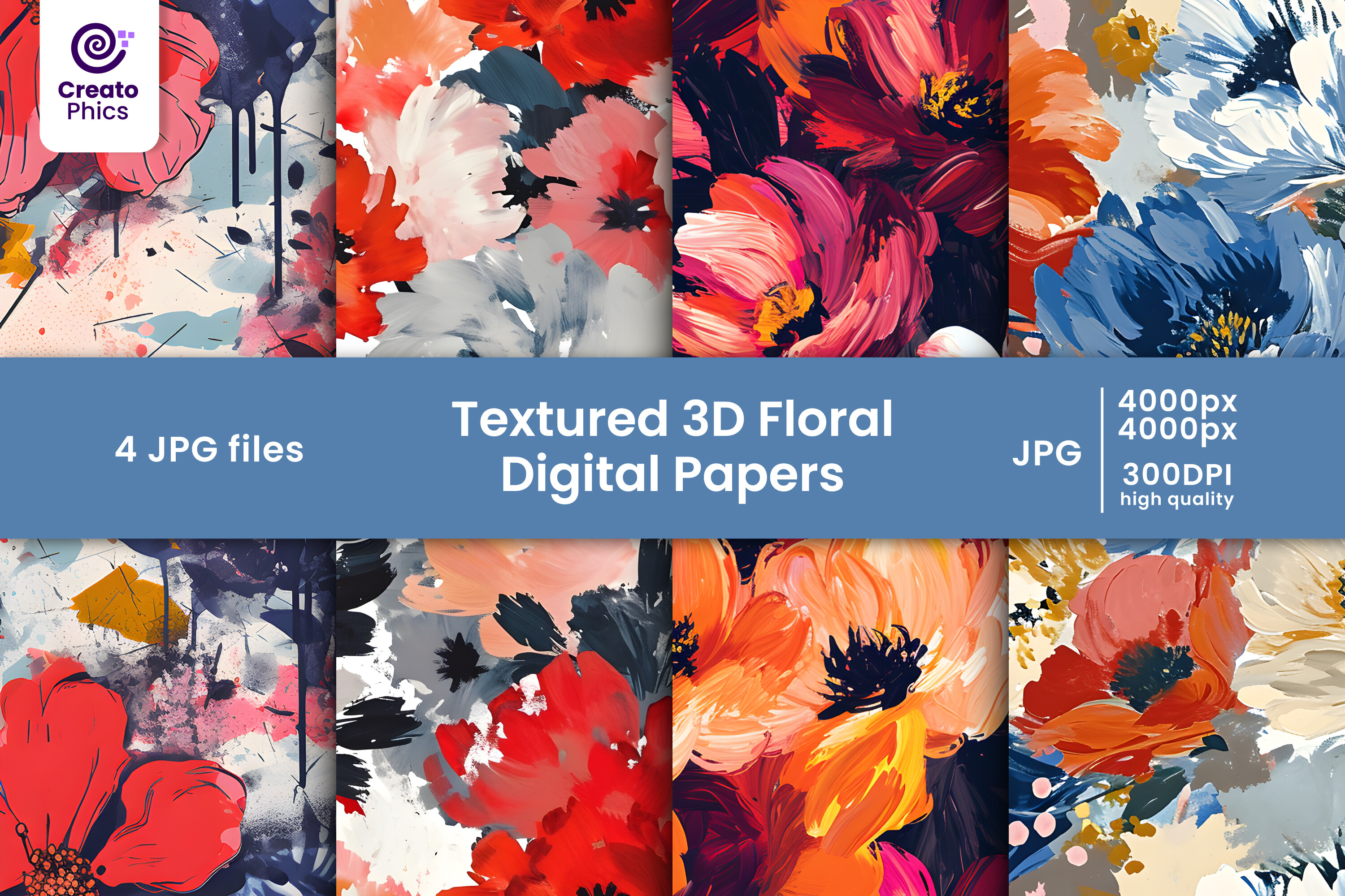 Textured 3d Floral Digital Papers Set Graphic by Creatophics · Creative ...