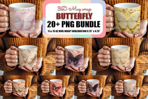 3d Butterfly Mug Wrap Sublimation Bundle Graphics