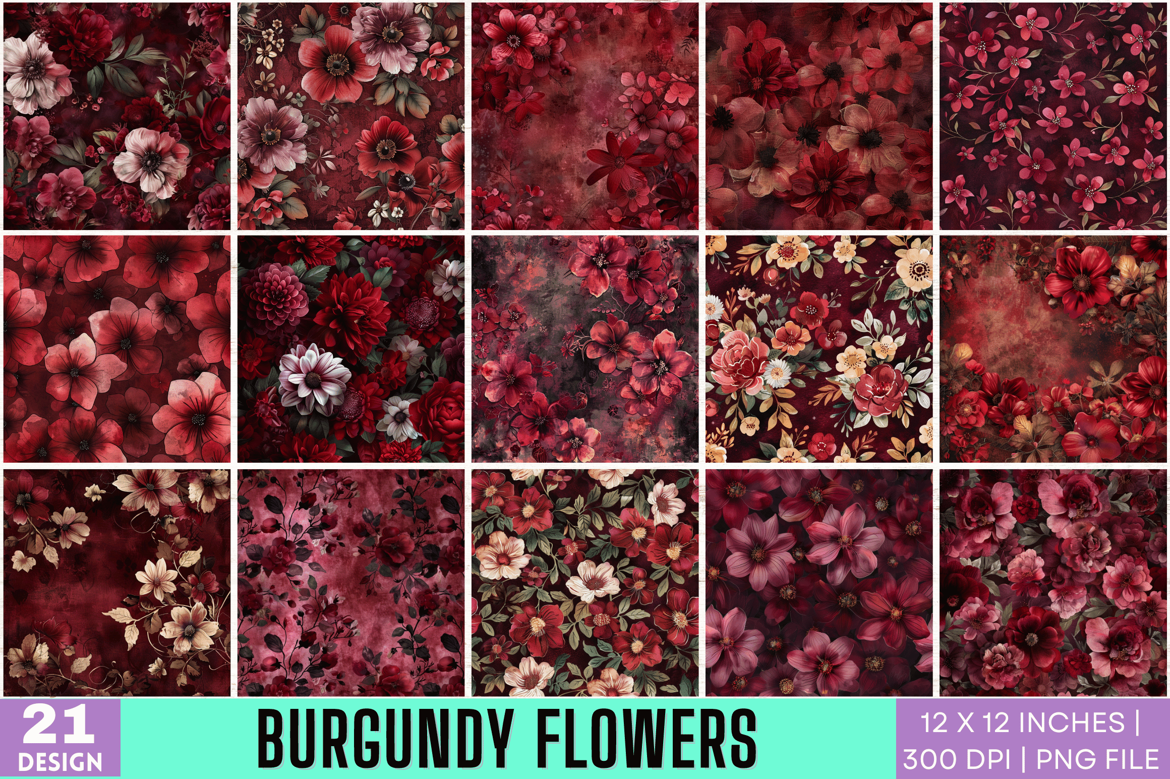 Burgundy Flowers Digital Paper Bundle Graphic by Digital_Art12 ...