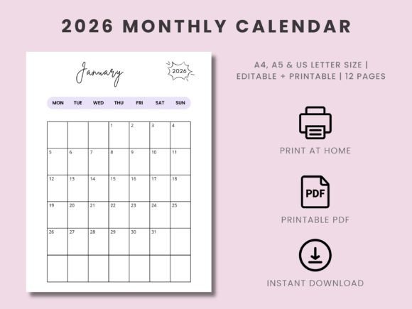 Printable Monthly Calendar 2026 Template