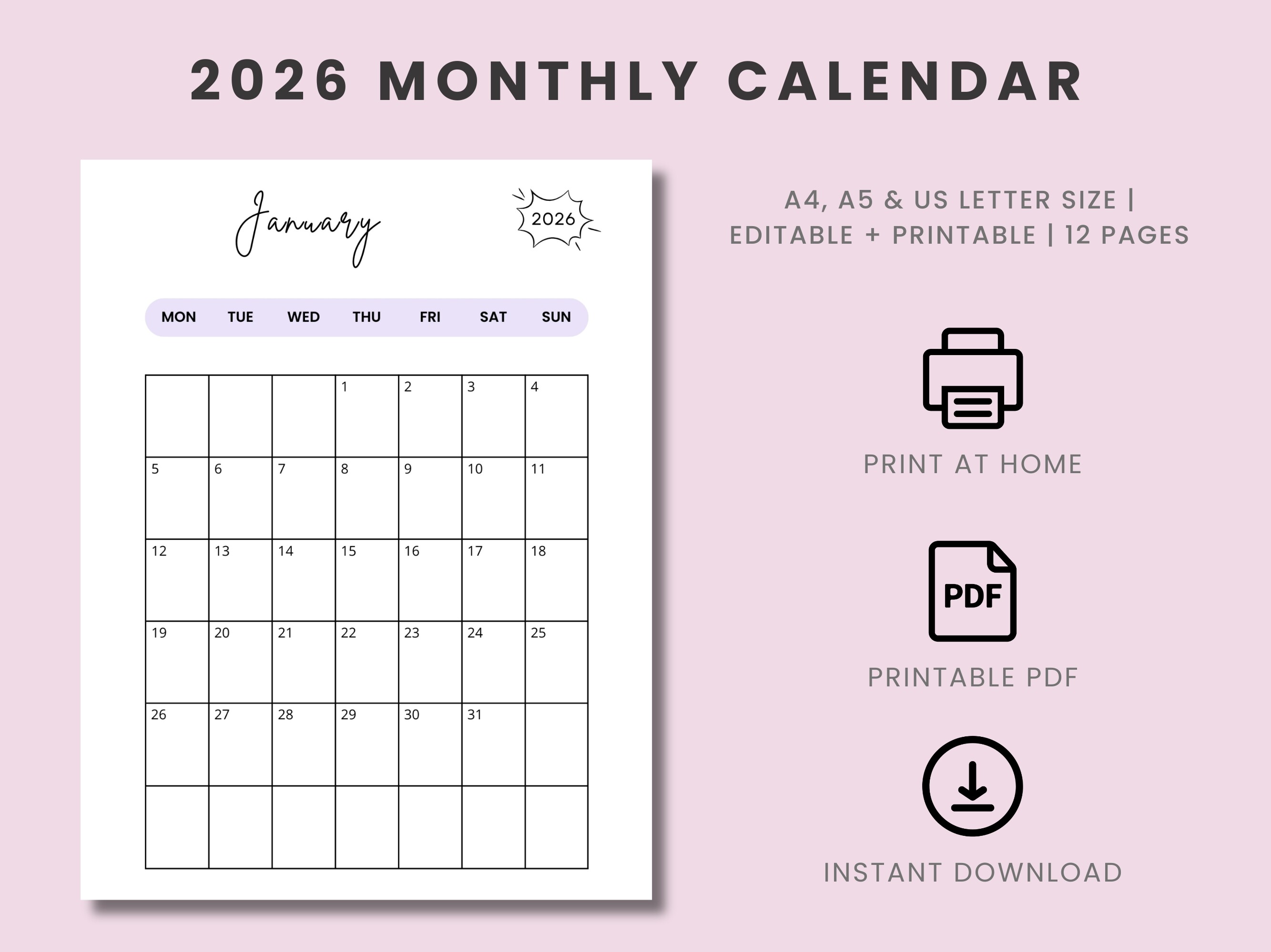Printable Monthly Calendar 2026 Template