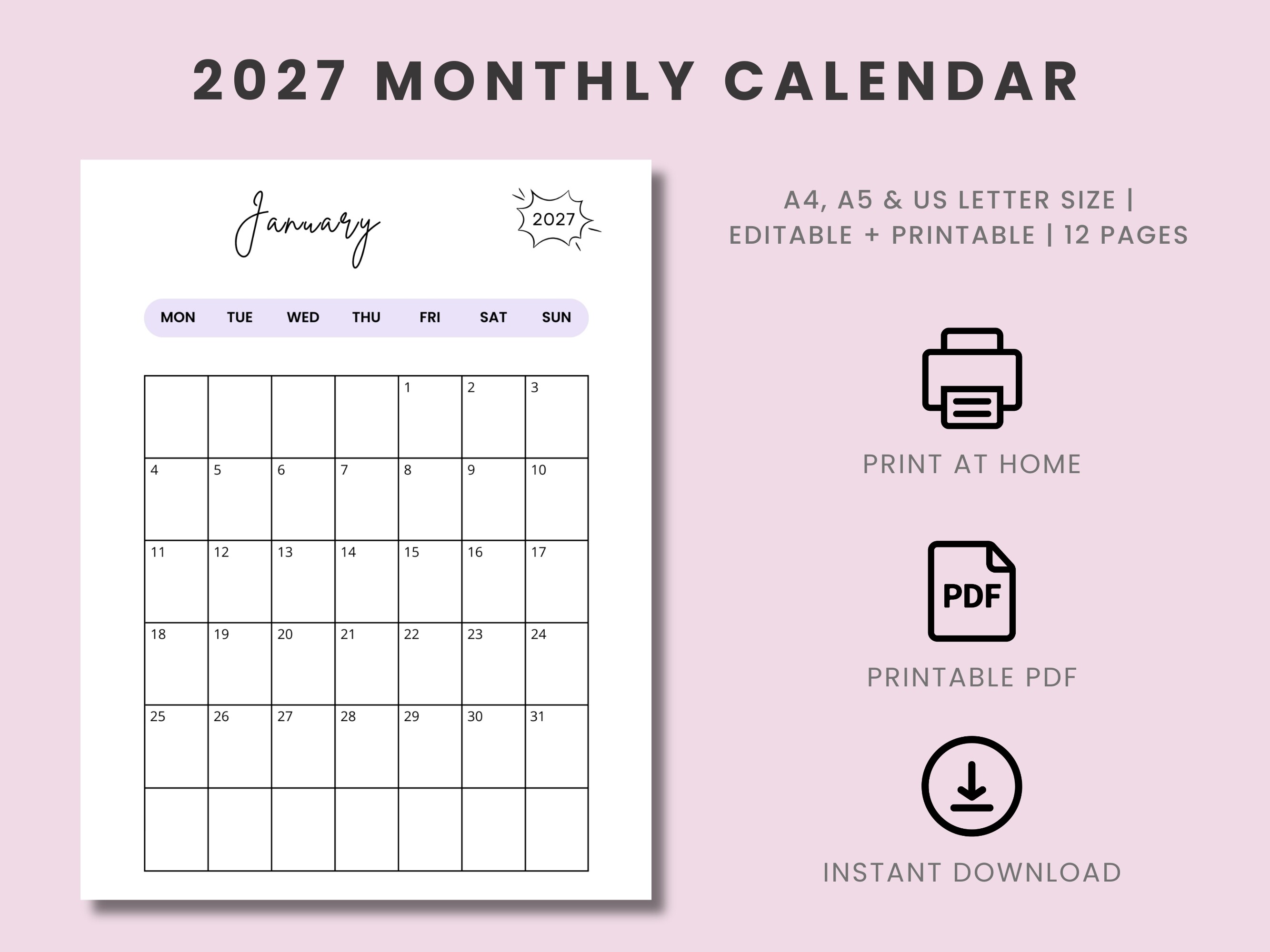 Printable Monthly Calendar 2027 Template