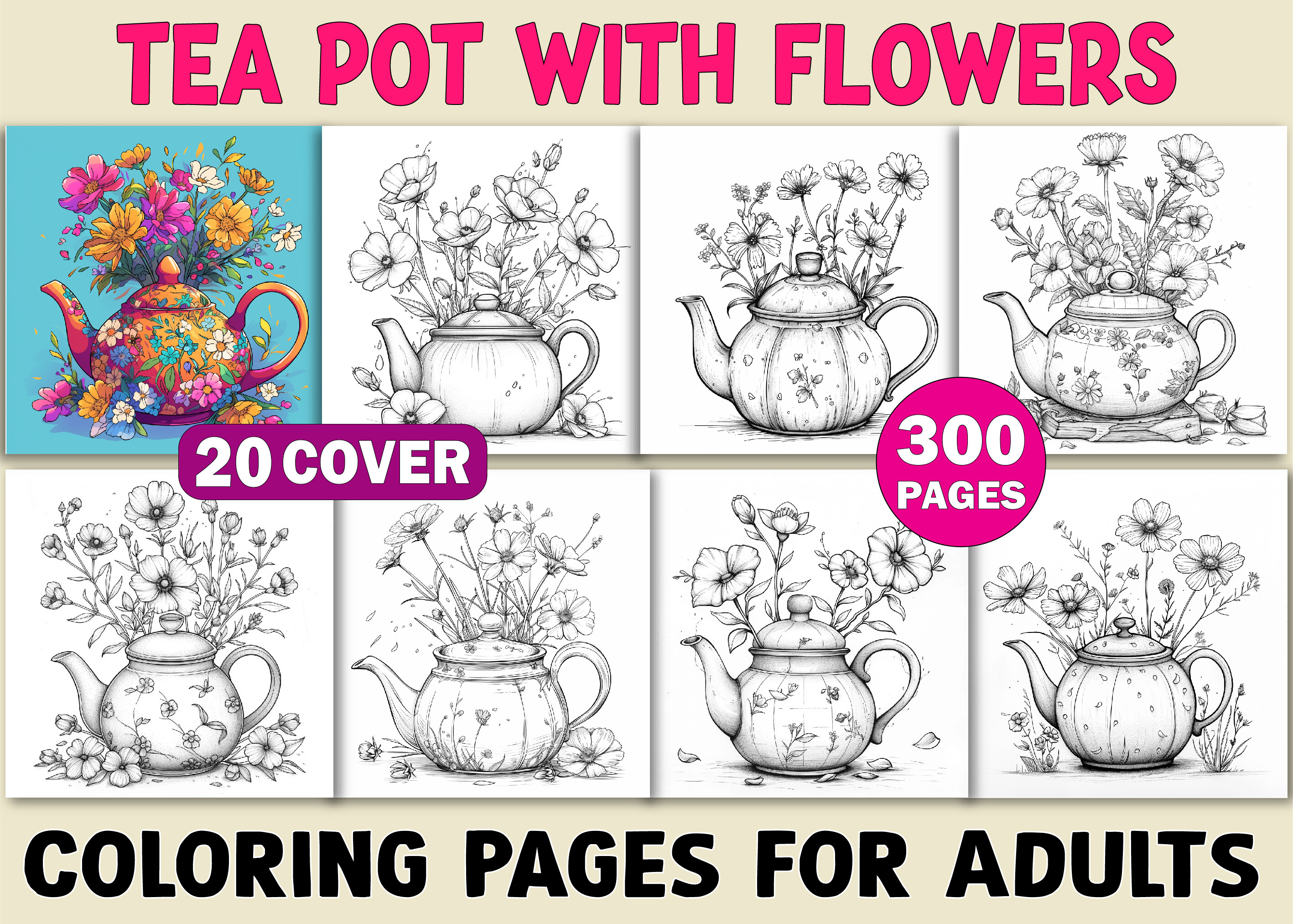 Tea Pot with Flowers Coloring Book Pages