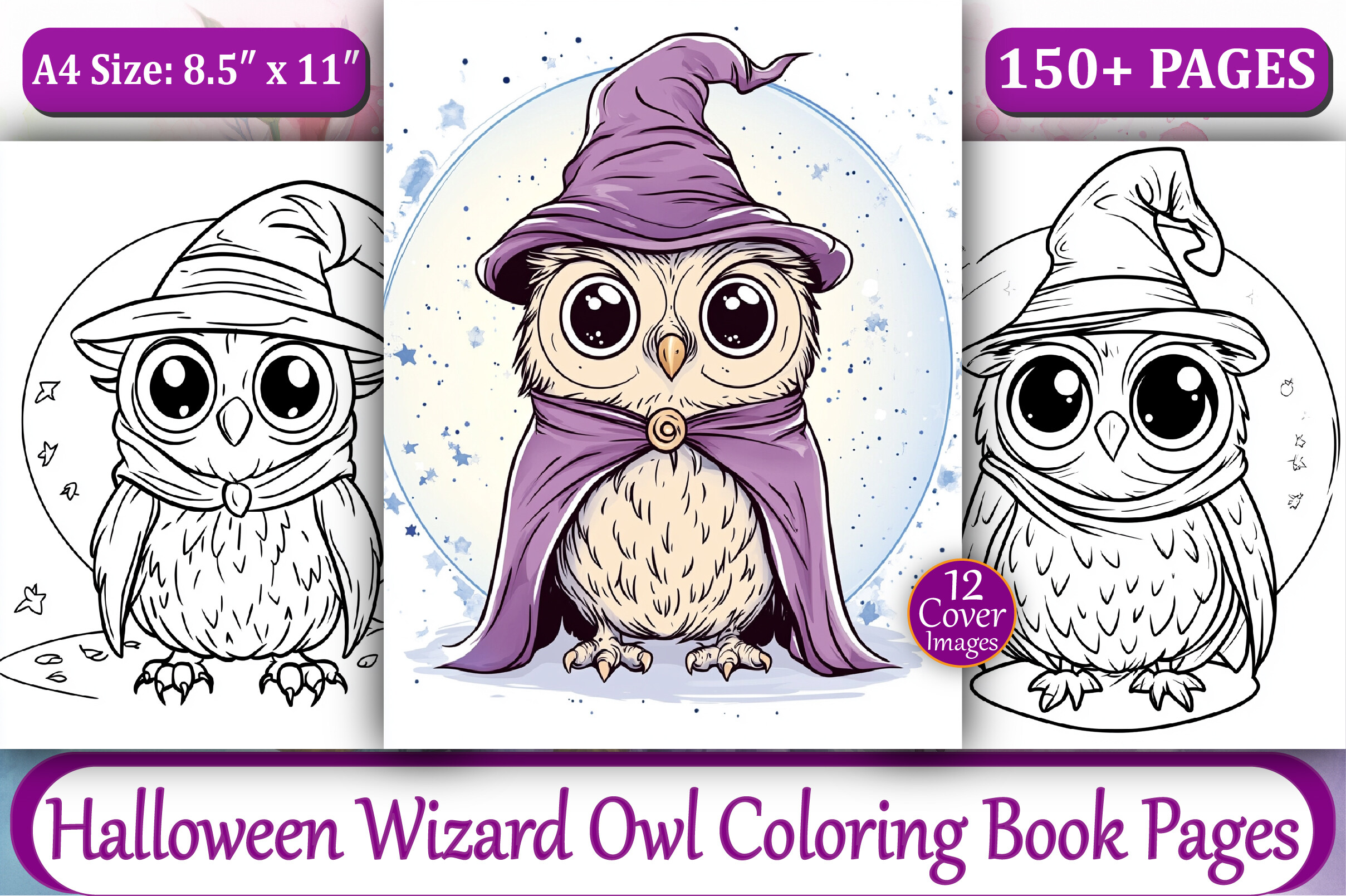 150+ Wizard Owl Coloring Book Pages-KDP