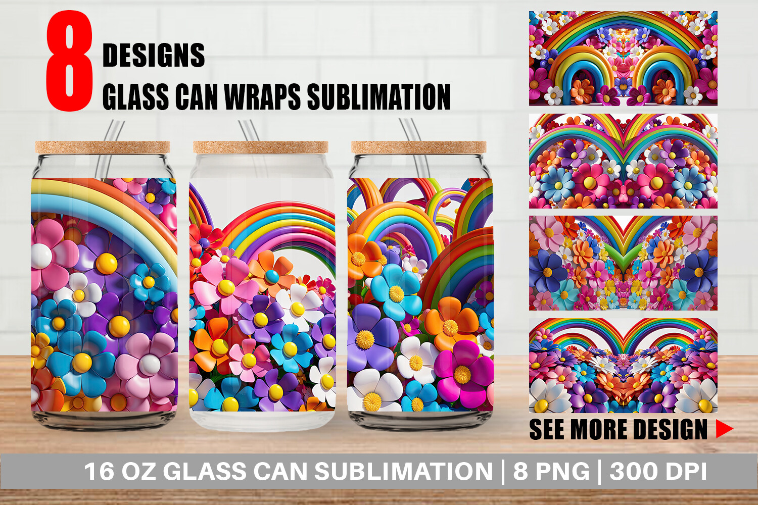 Glass Can 3D Rainbow Flower Graphic by Artnoy · Creative Fabrica