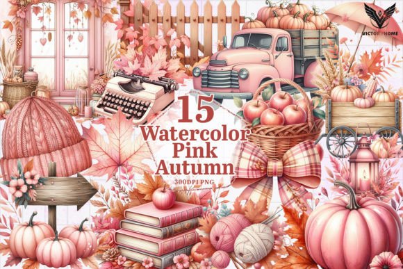 Watercolor Pink Autumn Clipart PNG Graphic Illustrations By VictoryHome