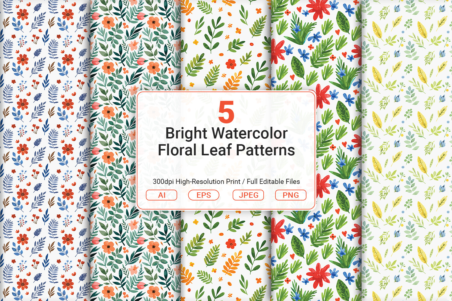 Bright Watercolor Floral Leaf Patterns Graphic by JUNDI · Creative Fabrica
