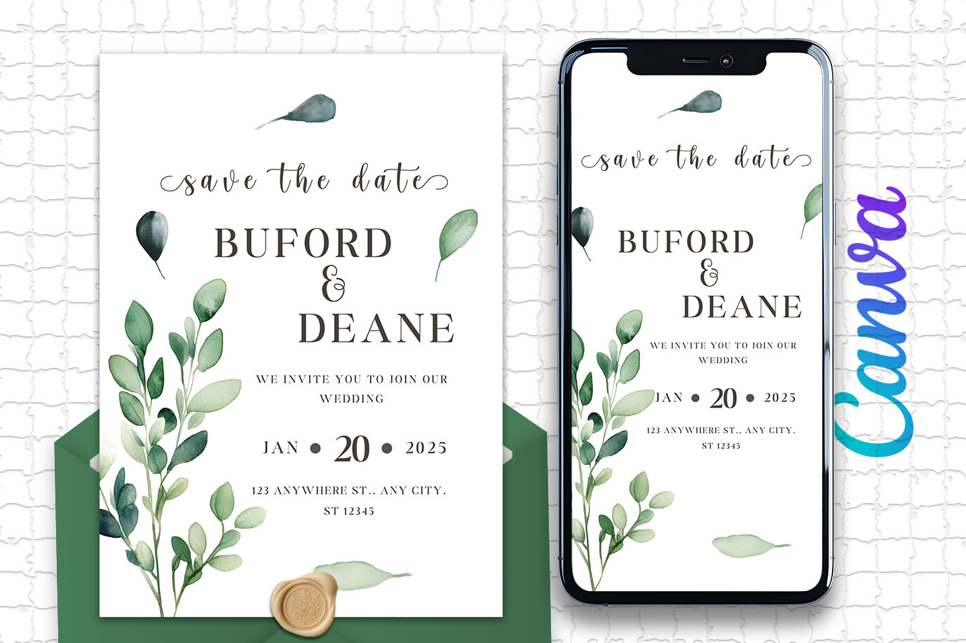Greenery Save the Date Template Canva