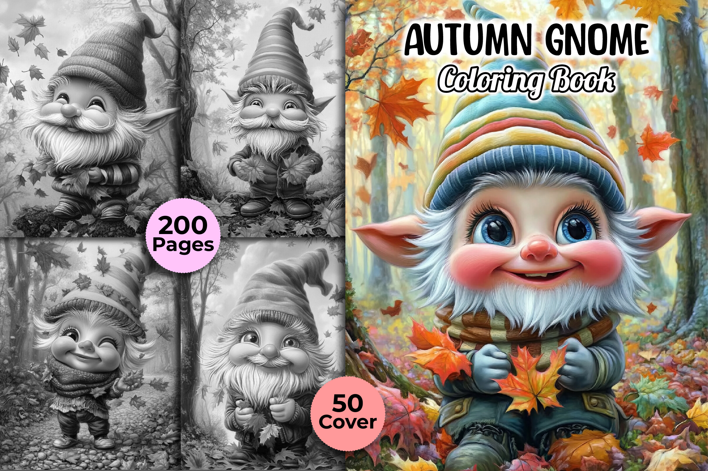 Autumn Gnome Grayscale Coloring Pages