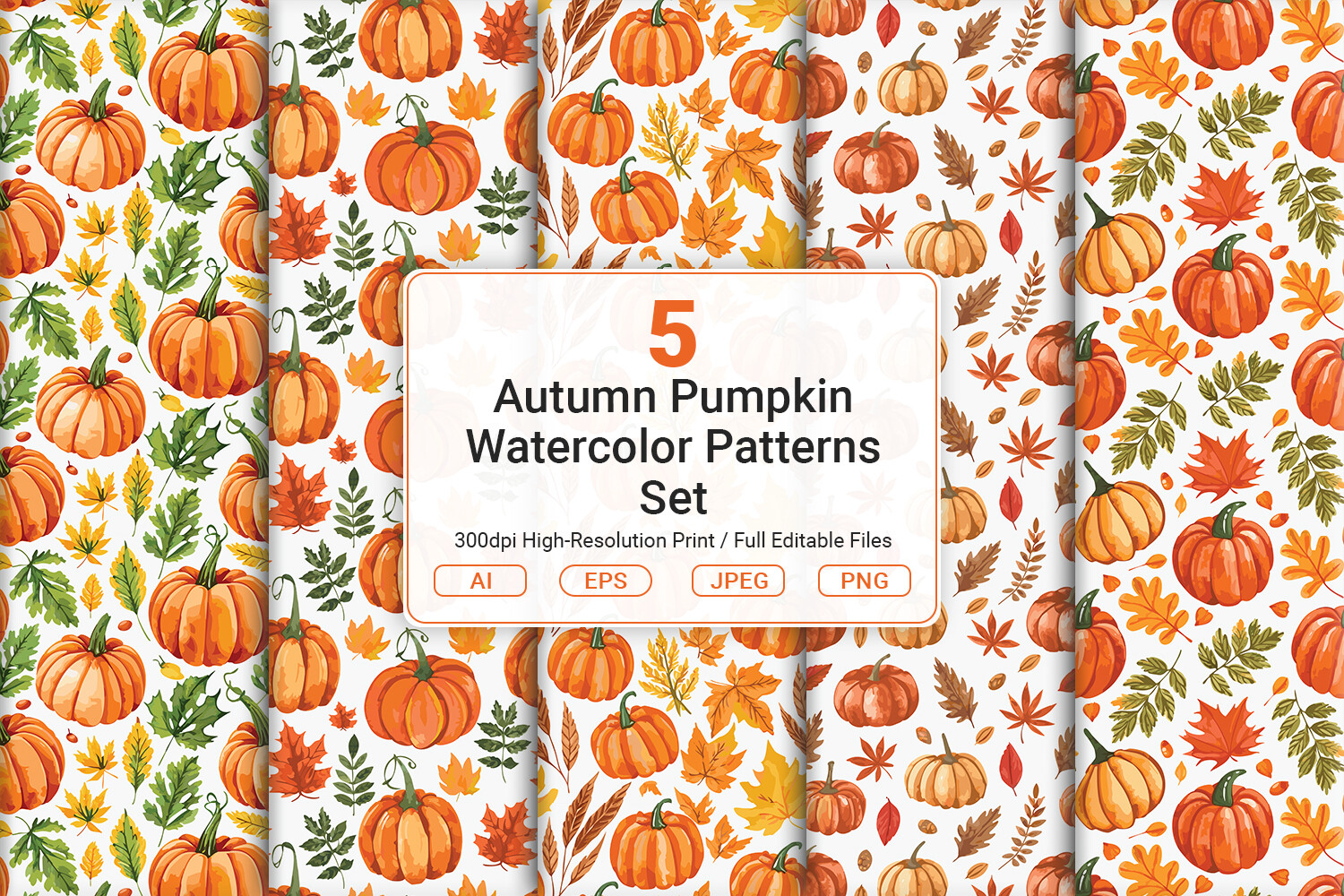 Autumn Pumpkin Watercolor Patterns Set Graphic by JUNDI · Creative Fabrica