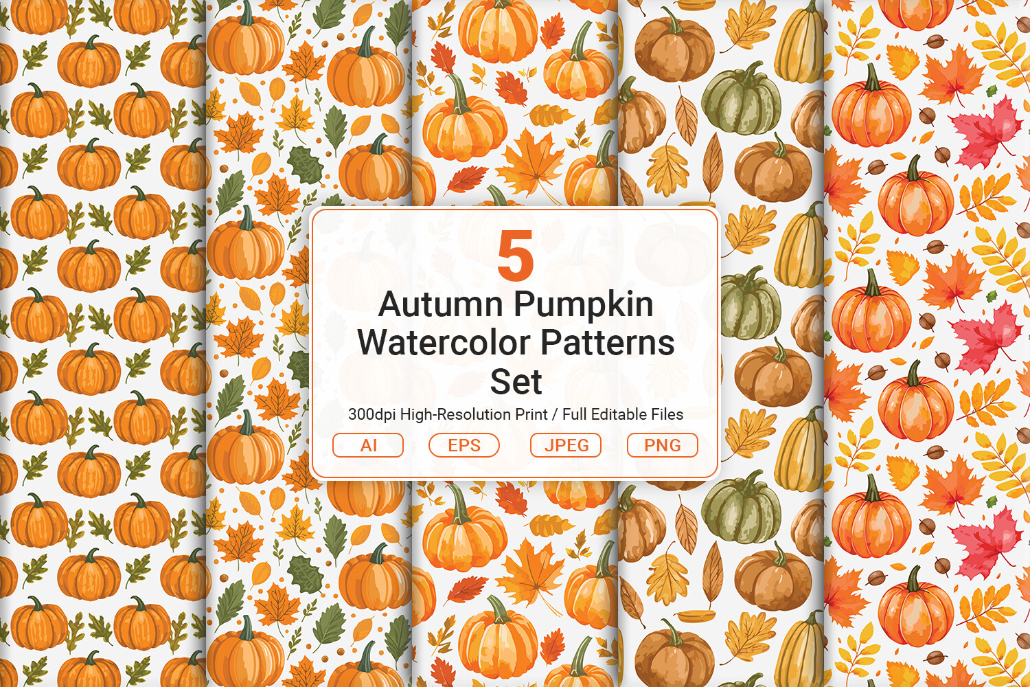 Autumn Pumpkin Watercolor Patterns Set Graphic by JUNDI · Creative Fabrica