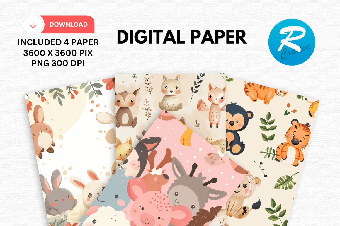 Watercolor Cute Animal Digital Paper Graphic by Regulrcrative ...