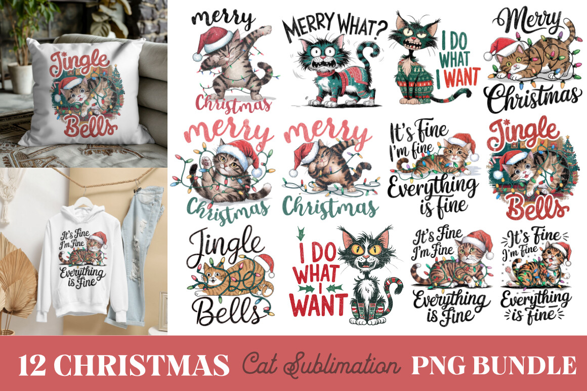 Funny Christmas Cat Sublimation Bundle Graphic by Buysvgbundles ...