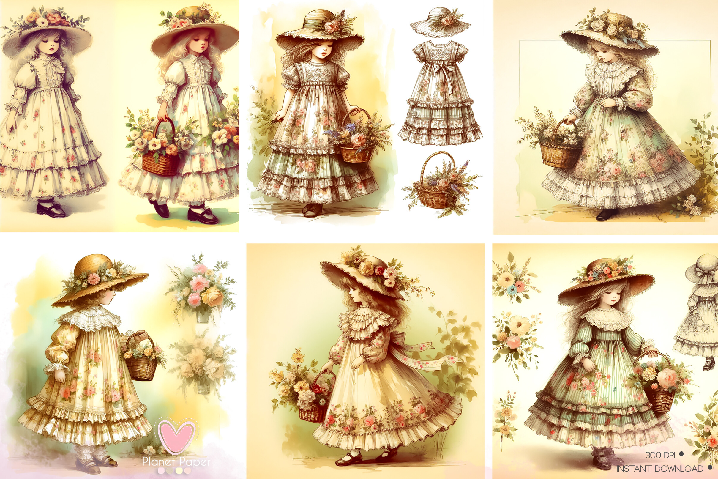 Vintage Floral Little Girl Graphic by collectionspaper · Creative Fabrica
