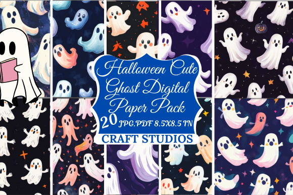 Halloween Cute Ghost Digital Paper Pack Graphic by Craft Studios ...