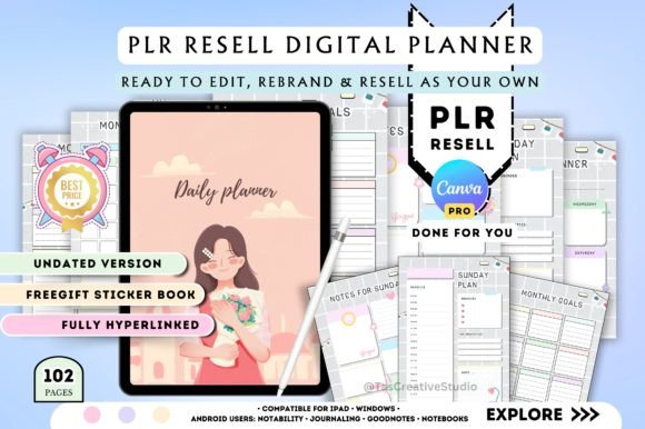 PLR Canva digital planner template with hyperlinked pages tabs and trackers
