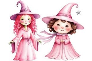 Watercolor Cute Pink Witch Clipart Graphic by lazy cute cat · Creative ...