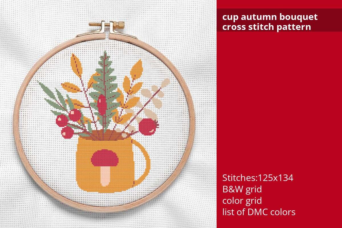 Cup Autumn Bouquet Cross Stitch Pattern