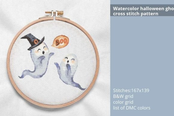 Watercolor Halloween Ghost Cross Stitch