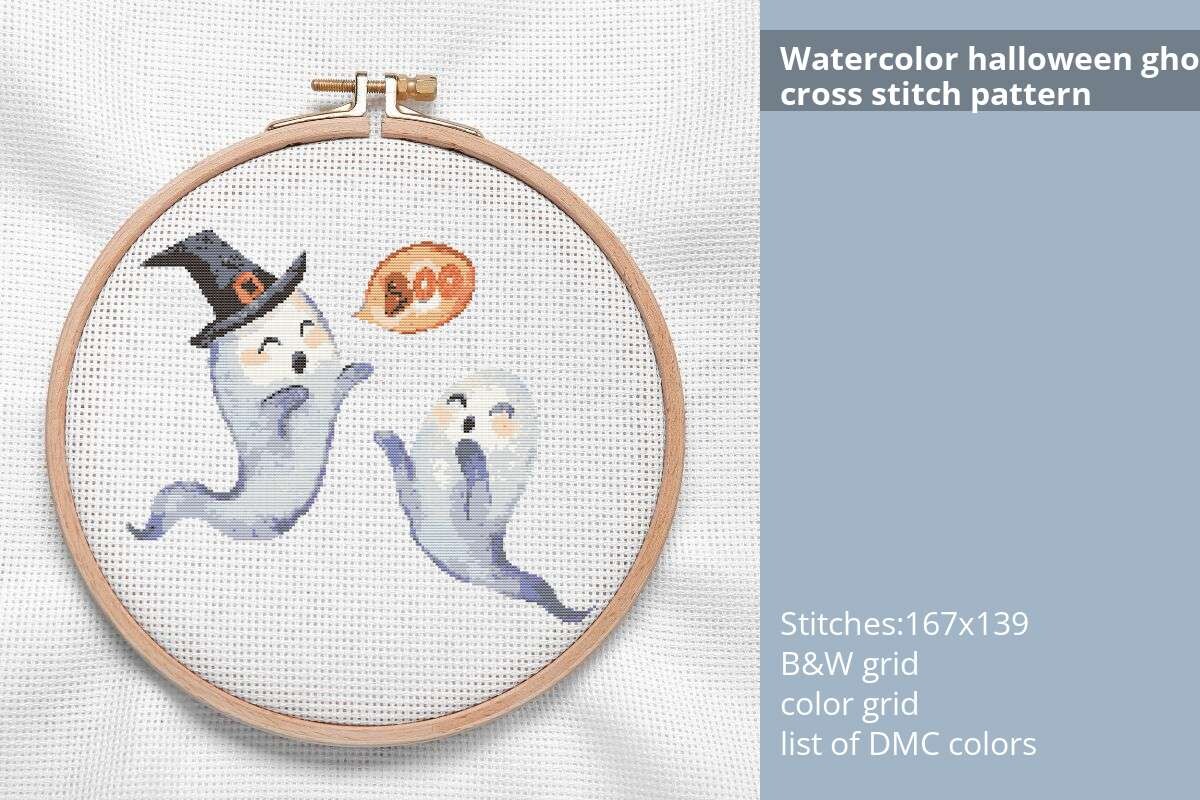 Watercolor Halloween Ghost Cross Stitch